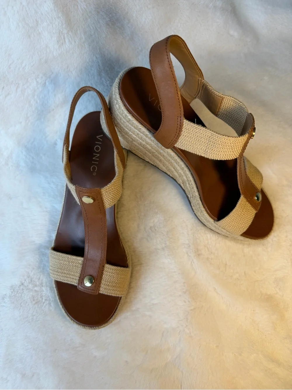 Vionic Tan and Natural Espadrille Slingback Wedges Size 8